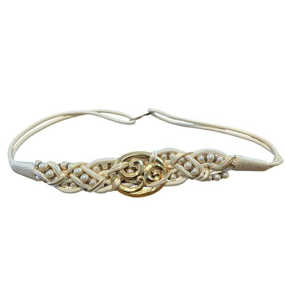 Vintage 80s Belt Women Size 1X White Gold Tone Braided Woven Glam Rock Beaded - Picture 1 of 13